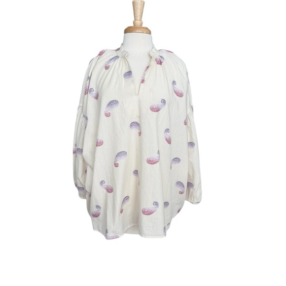 J. Jill Oversized Split-Neck Top White Blouse with Paisley Print Size XL - Picture 1 of 9